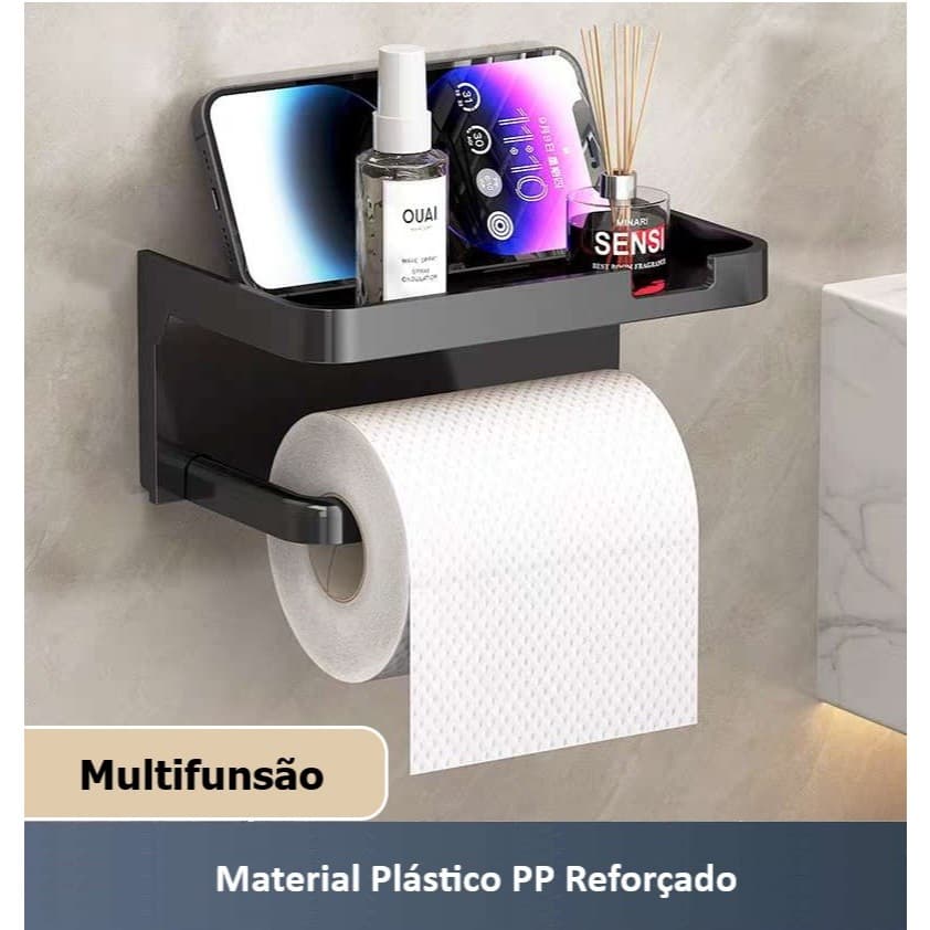 Suporte Porta Papel Higiênico e Suporte para Celular Preto/Branco