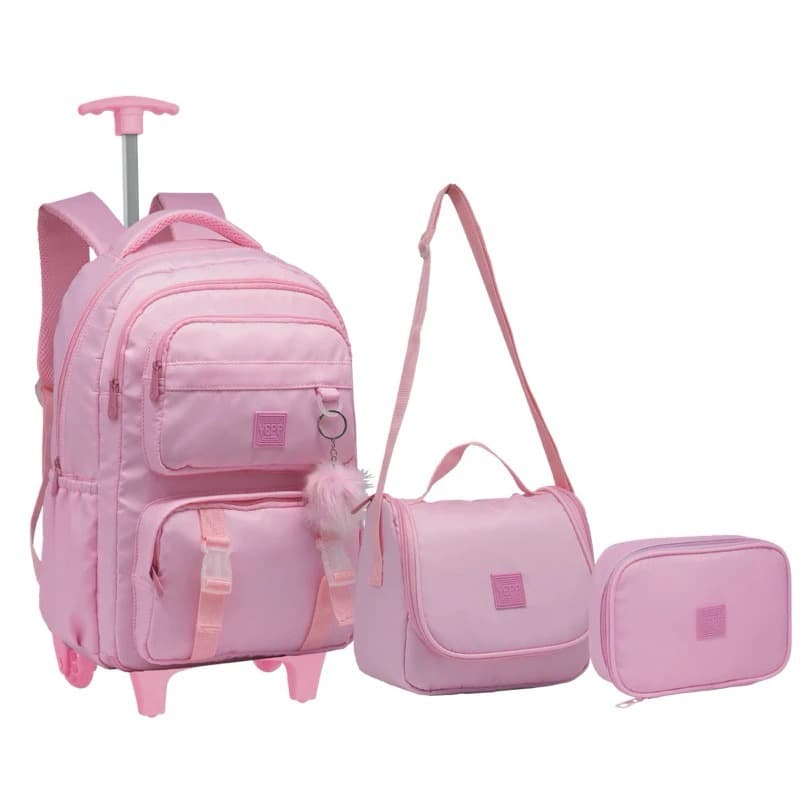 Kit Mochila Feminina De Rodinha Juvenil Escolar Com Chaveiro Urso Abertura 180°