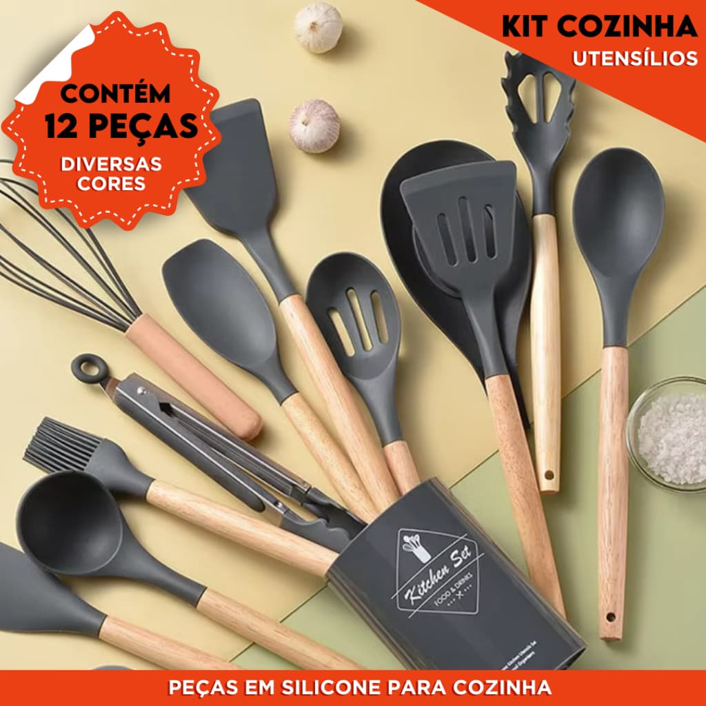Kit  Utensílios de Cozinha  C/ 12 Peças em Silicone com Cabo de Madeira Completo  - Nybc