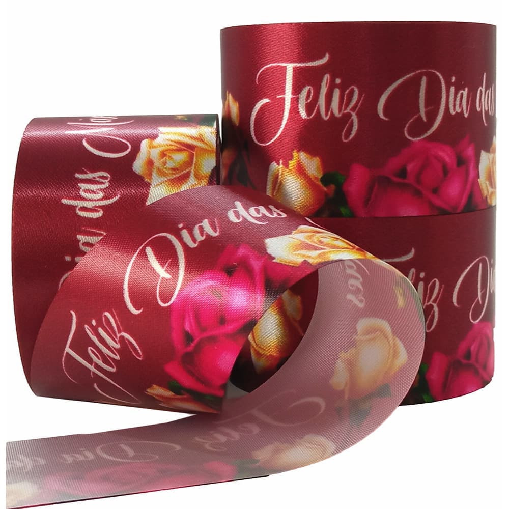Fita de Cetim Dia da Mães 35mm  Burgundi  Peça com 10 metros - Especial para Decoração