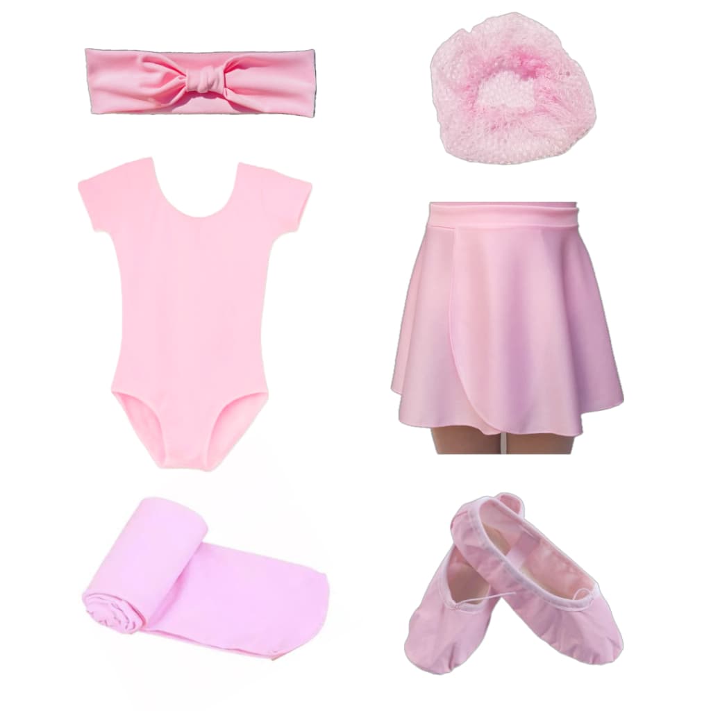 Kit Ballet Infantil Com 6 Itens: Faixa + Rede + Collant + Saia Transpassada + Meia + Sapatilha