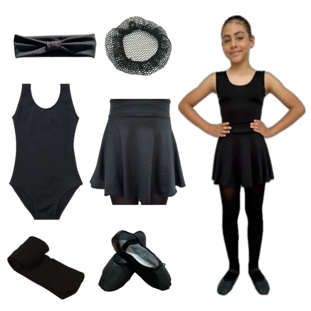 Kit Ballet Infantil Preto Com 6 Itens: Faixa + Rede + Collant Regata + Saia De Cós + Meia + Sapatilha