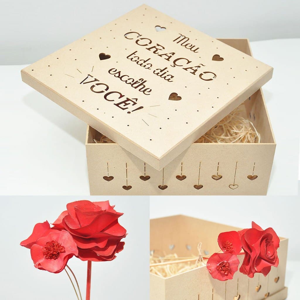 Caixa Mdf Presente Surpresa Dia Dos Namorados Coração Com Buquê de Flores artesanal orgânica