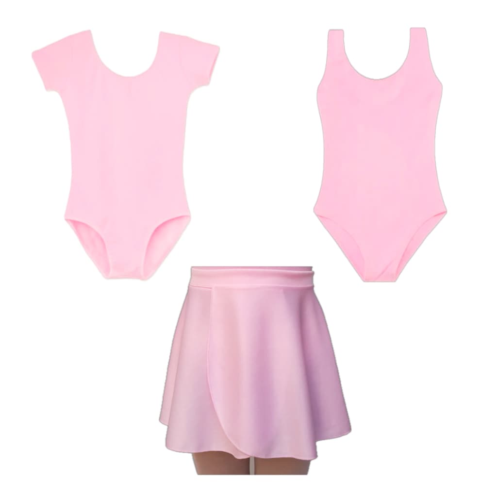 Kit Ballet Infantil Rosa/Preto Com 3 Peças: Collant Meia Manga + Collant Regata + Saia Transpassada - Para Bailarinas