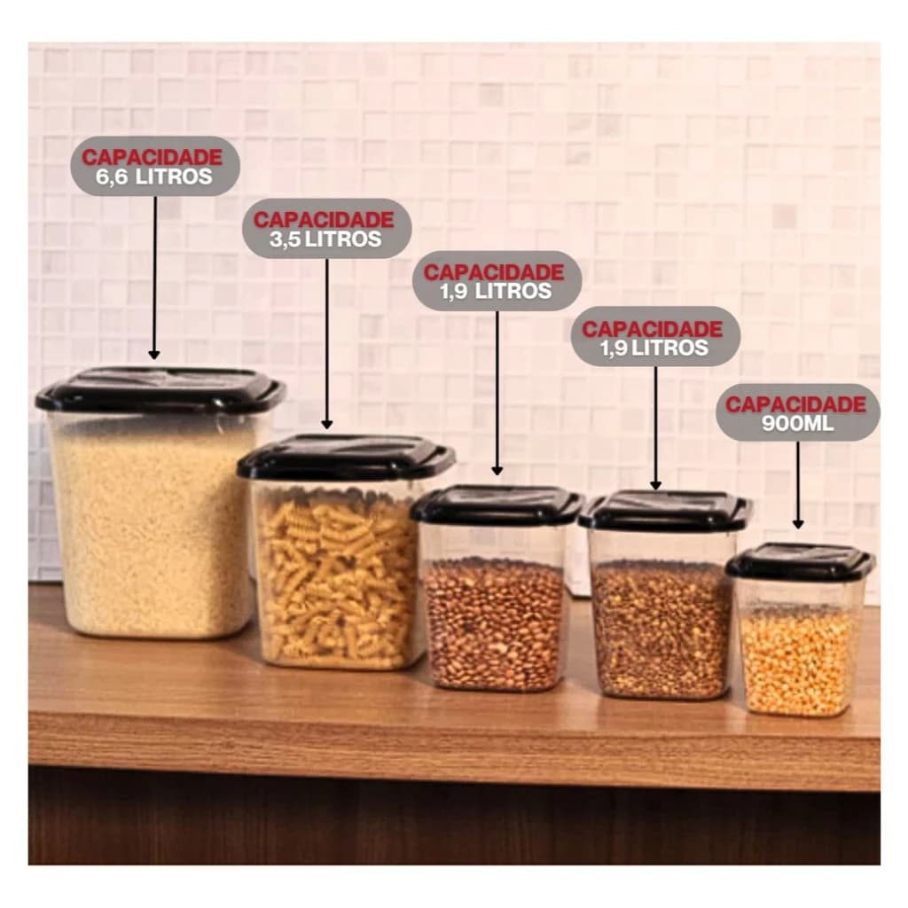 Kit 05 Porta Mantimentos Com Tampa 5 Peças Preta Arroz Feijão Alimentos