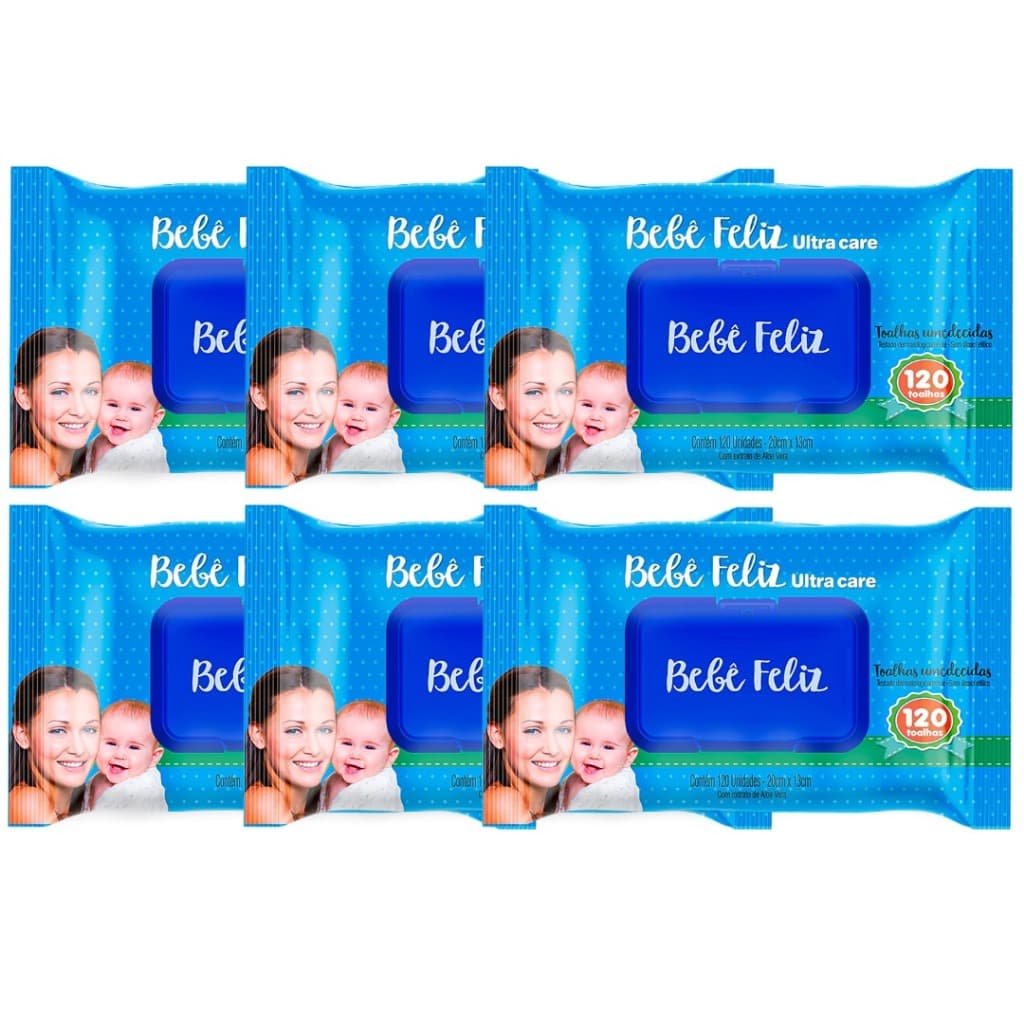 Toalhas Umedecidas Bebê Feliz 120 Unidades Kit c /6 pcts