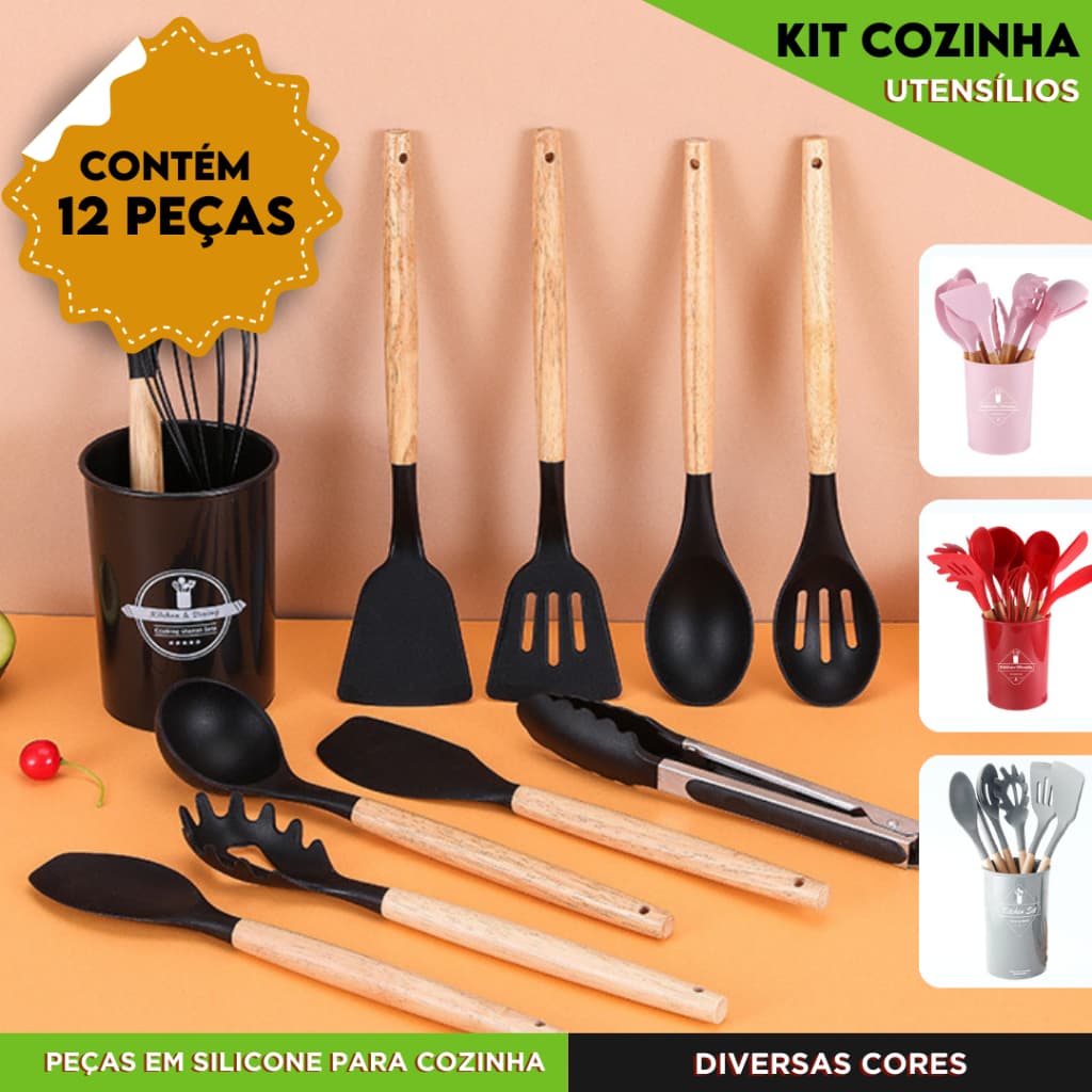 Kit Utensílios de Cozinha Com 5/12 Peças em Silicone com Cabo de Madeira Completo  - NL