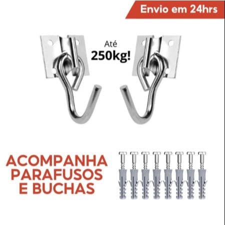 Kit Com 2 Fixador Suporte Pendurar Gancho Para Rede 250kg Reforçado Metal Parede Com Parafuso E Bucha