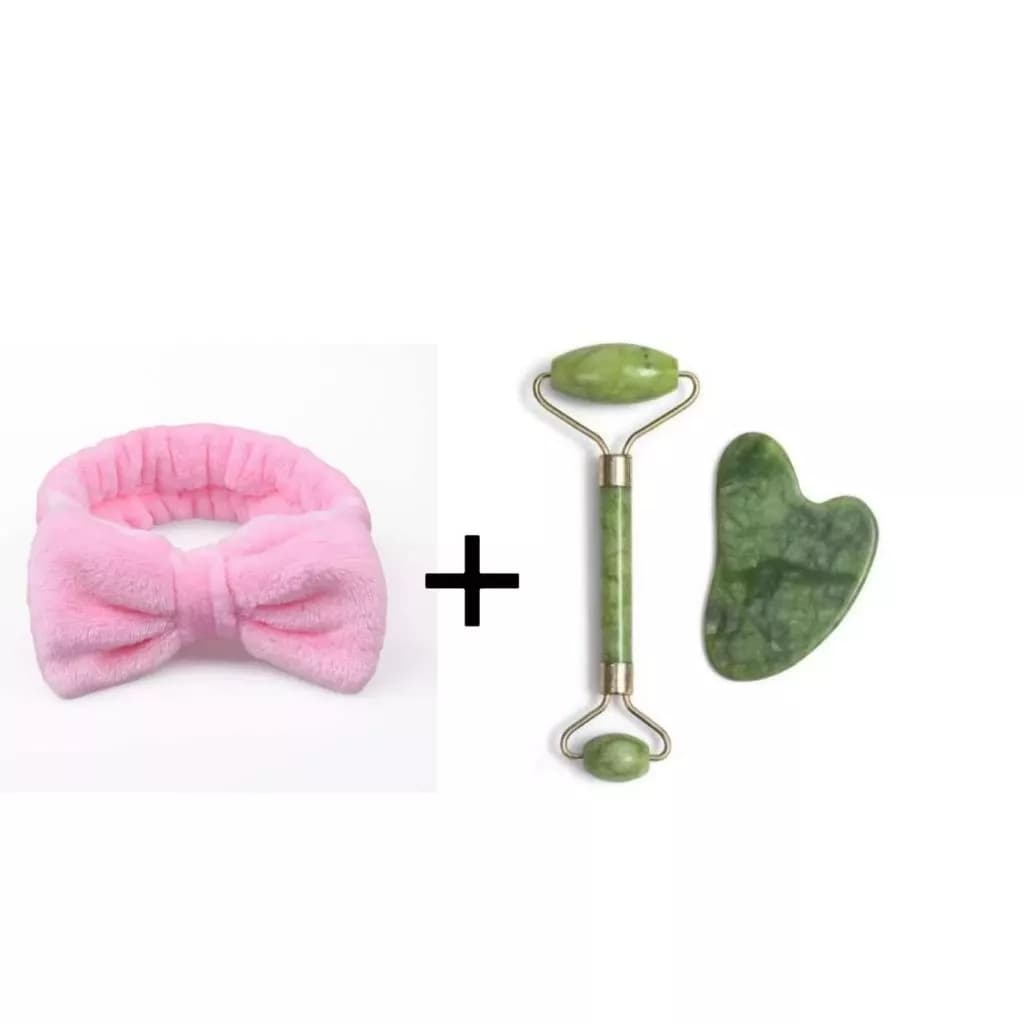 kit Rolos Massageador Pedra De Jade Massagem Facial + Faixa de laço Maquiagem