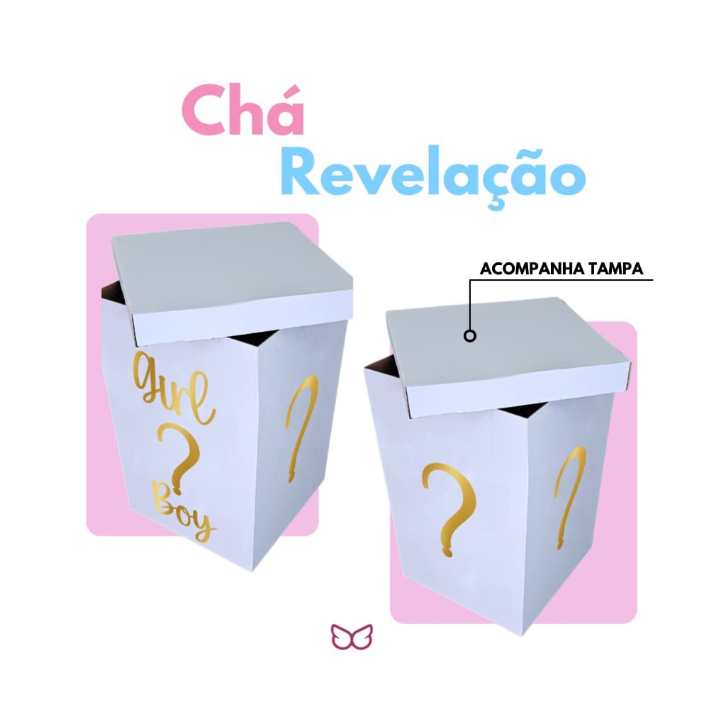 Caixa Papelão Chá Revelação Com Tampa Branca Com Dourado 77x50x50cm