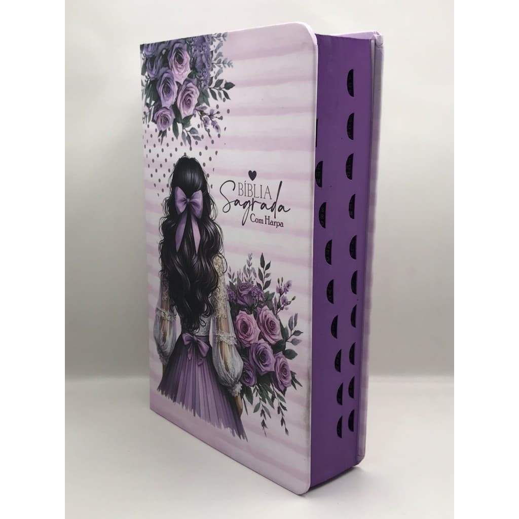 Bíblia Sagrada Tamanho Grande com Harpa Palavras de Jesus em Vermelho Capa Dura Rosas Lilás