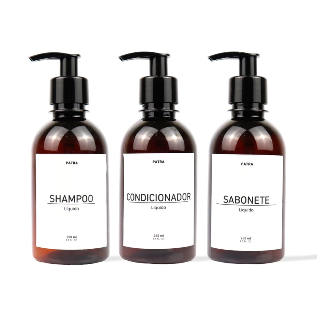 kit Banho Frasco Âmbar  3pçs Shampoo Condicionador e Sabonete líquido Dispenser 250ml