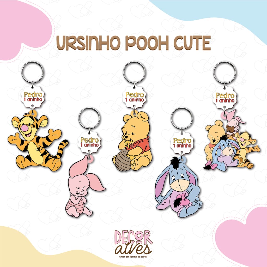 Ursinho Pooh Cute - Chaveiro Personalizado MDF brilhoso Lembrancinha infantil