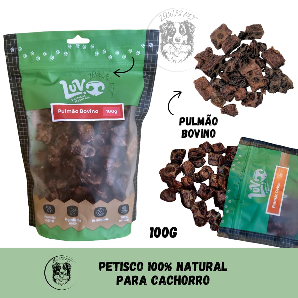 Petisco Natural Pet Desidratado Para Cachorro e Gatos Pulmão Bovino - 100g - LUV Petiscos