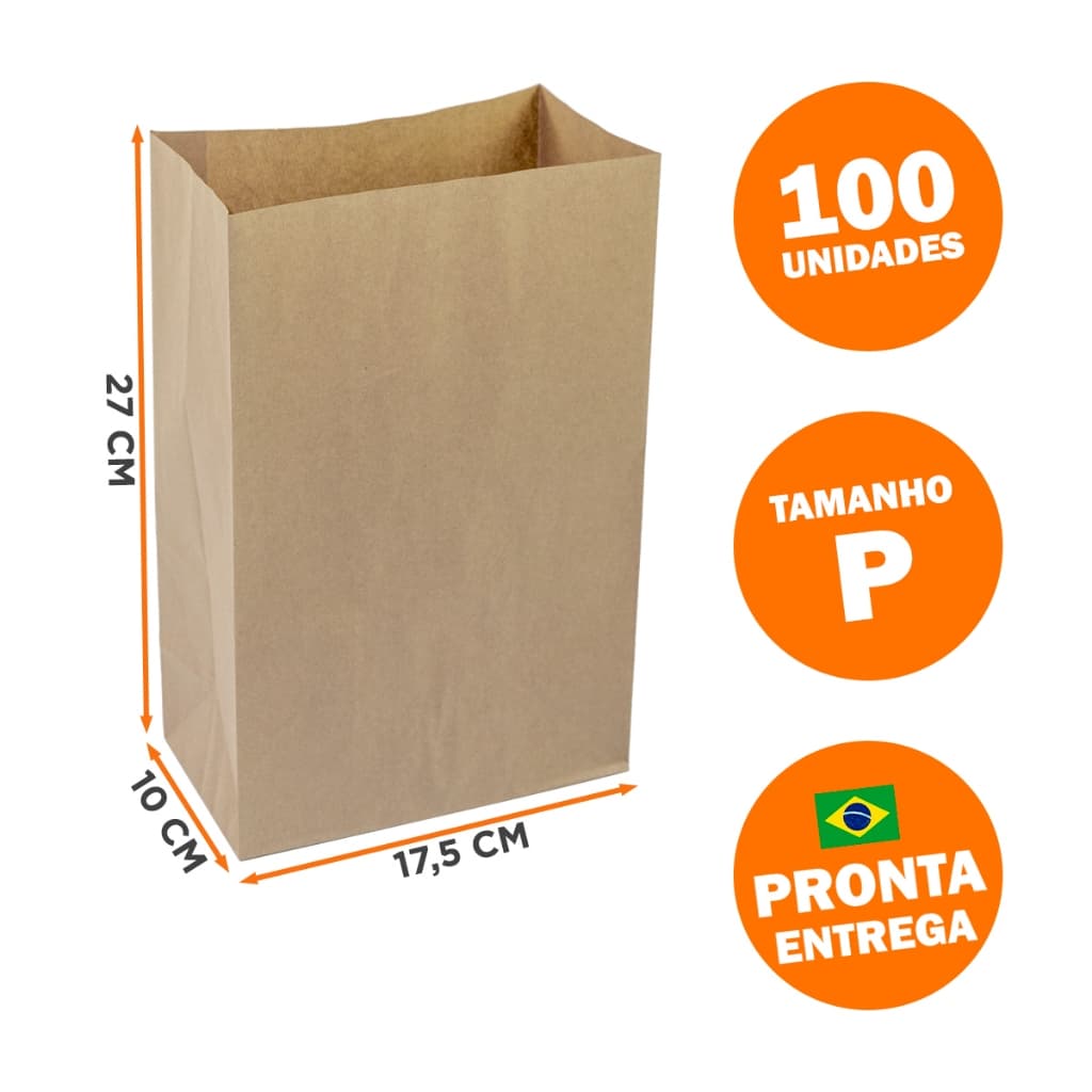 100 Sacos de Papel Kraft 27 x 18 x 9,5 cm Tamanho P Delivery Lanches Comida Entrega Hamburgueria