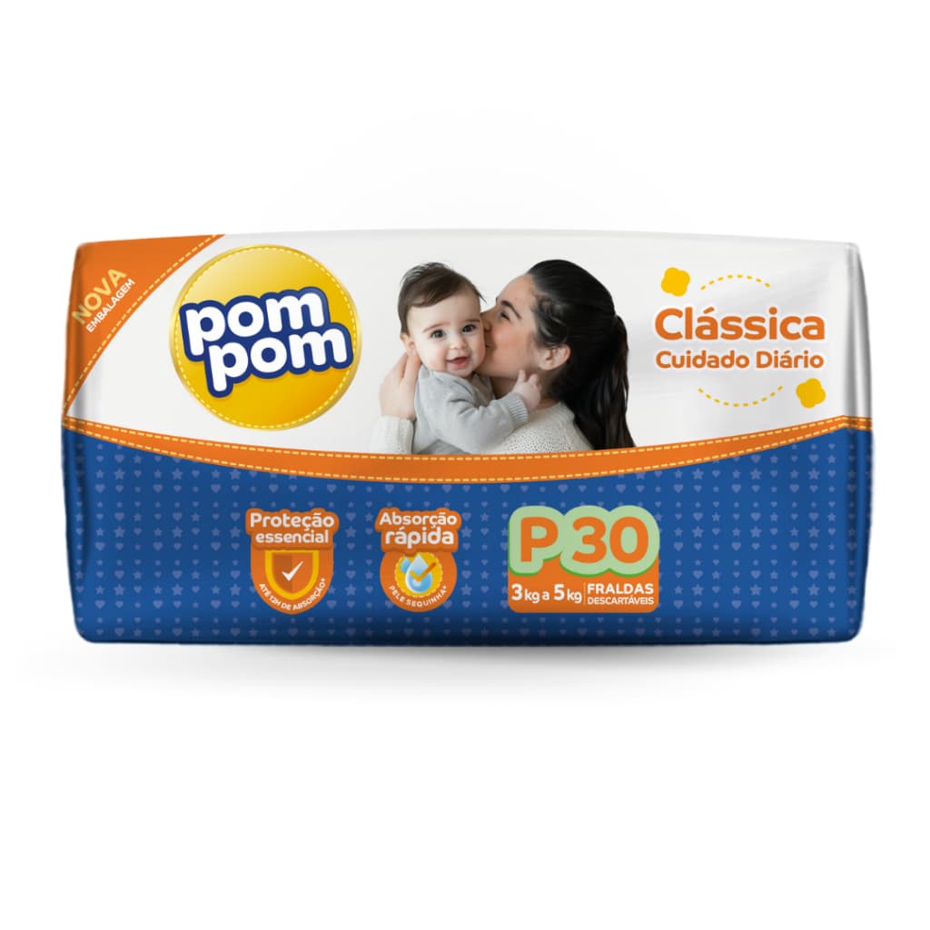 Fralda Descartável Pom Pom Clássica Jumbo Tamanho P com 30