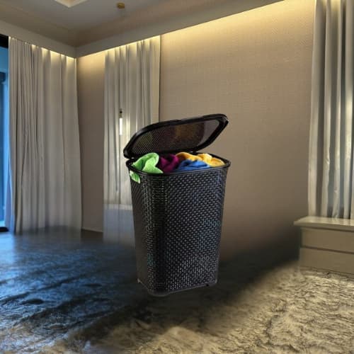 Cesto Organizador Rattan 45L com Tampa Basculada Preto Resistente Para Roupa Suja
