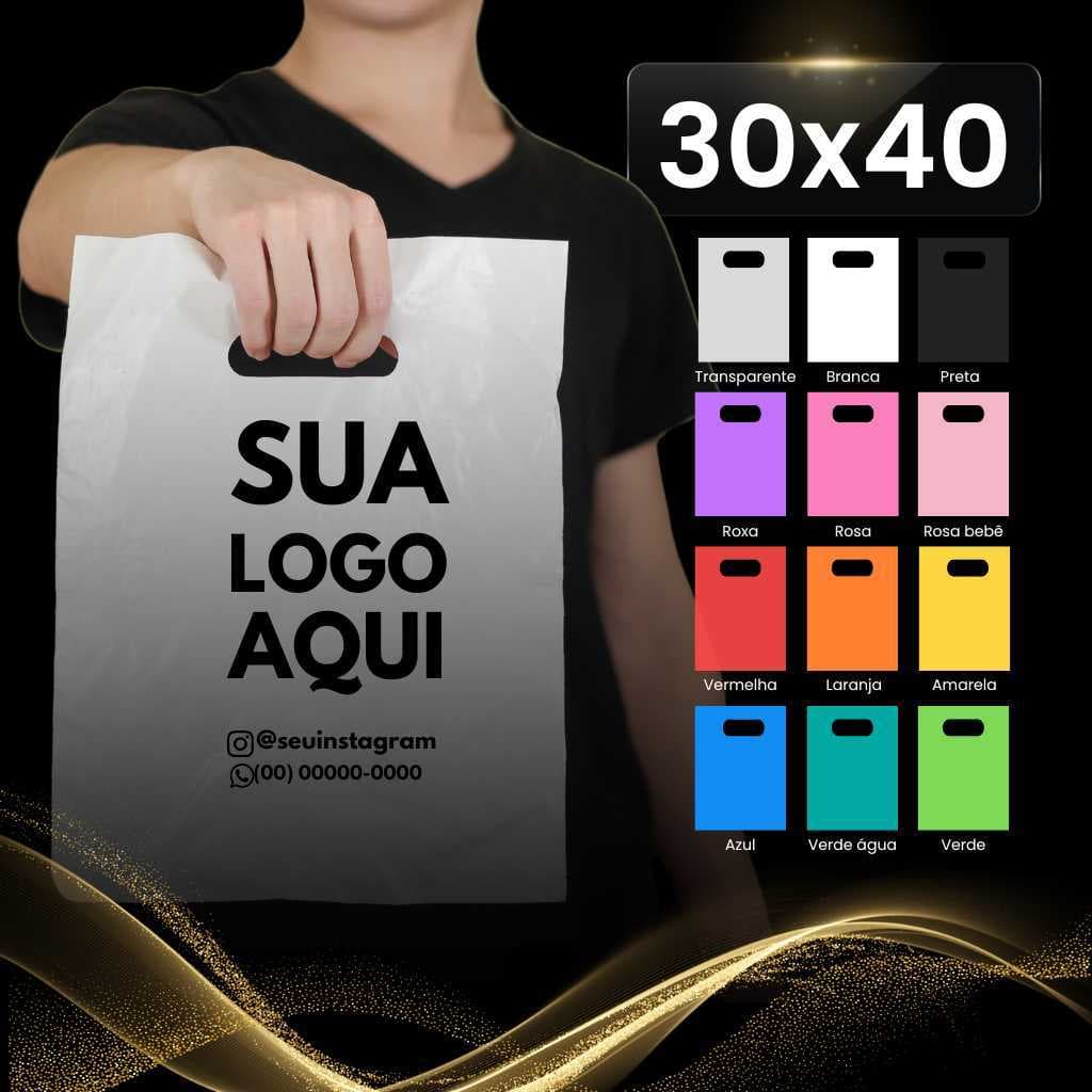 Sacolas Plásticas 30x40 Personalizadas Com Logo p/ lojas Alça Vazada/Boca de Palhaço 100/250UN