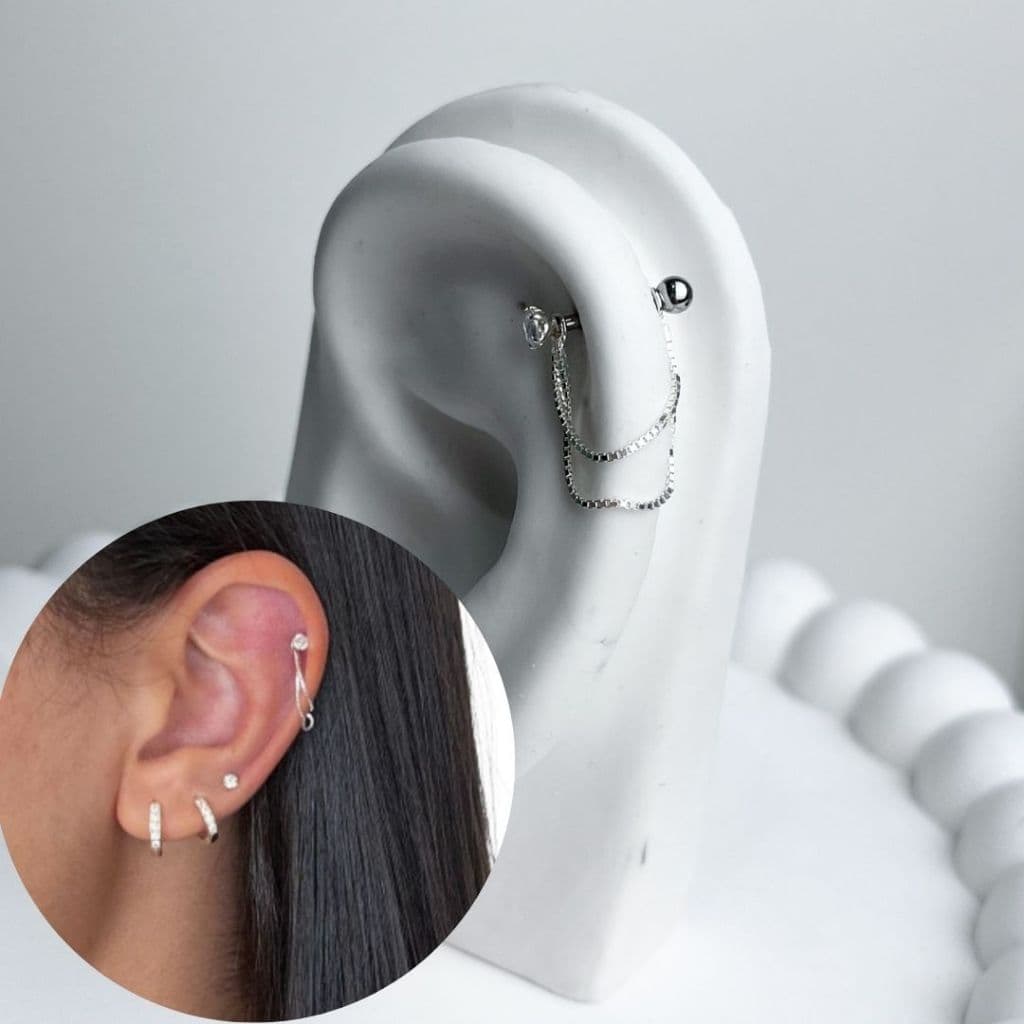 Piercing Hélix Ponto de Luz Correntaria Piercing Orelha Em  Prata 925