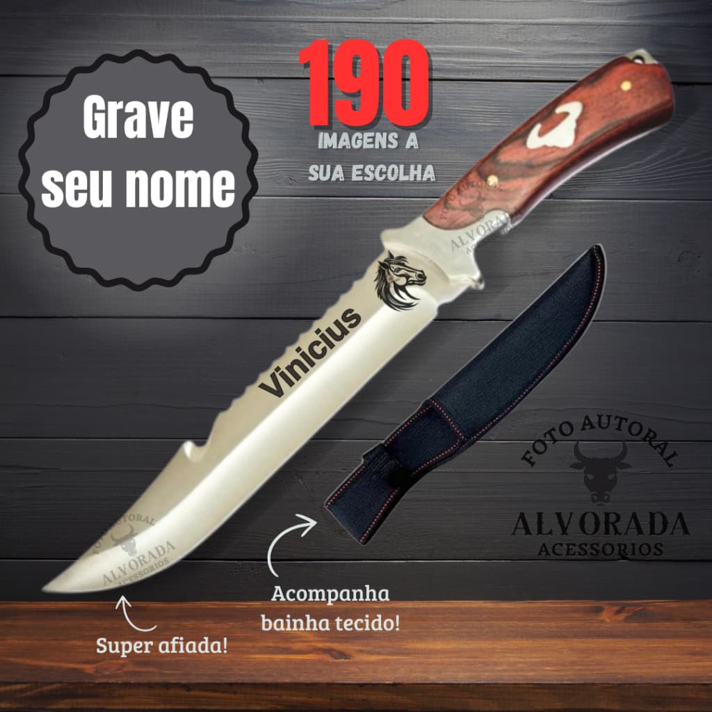 Faca Bem Grande com Nome Personalizado a Laser na Lâmina de Aço Cirúrgico