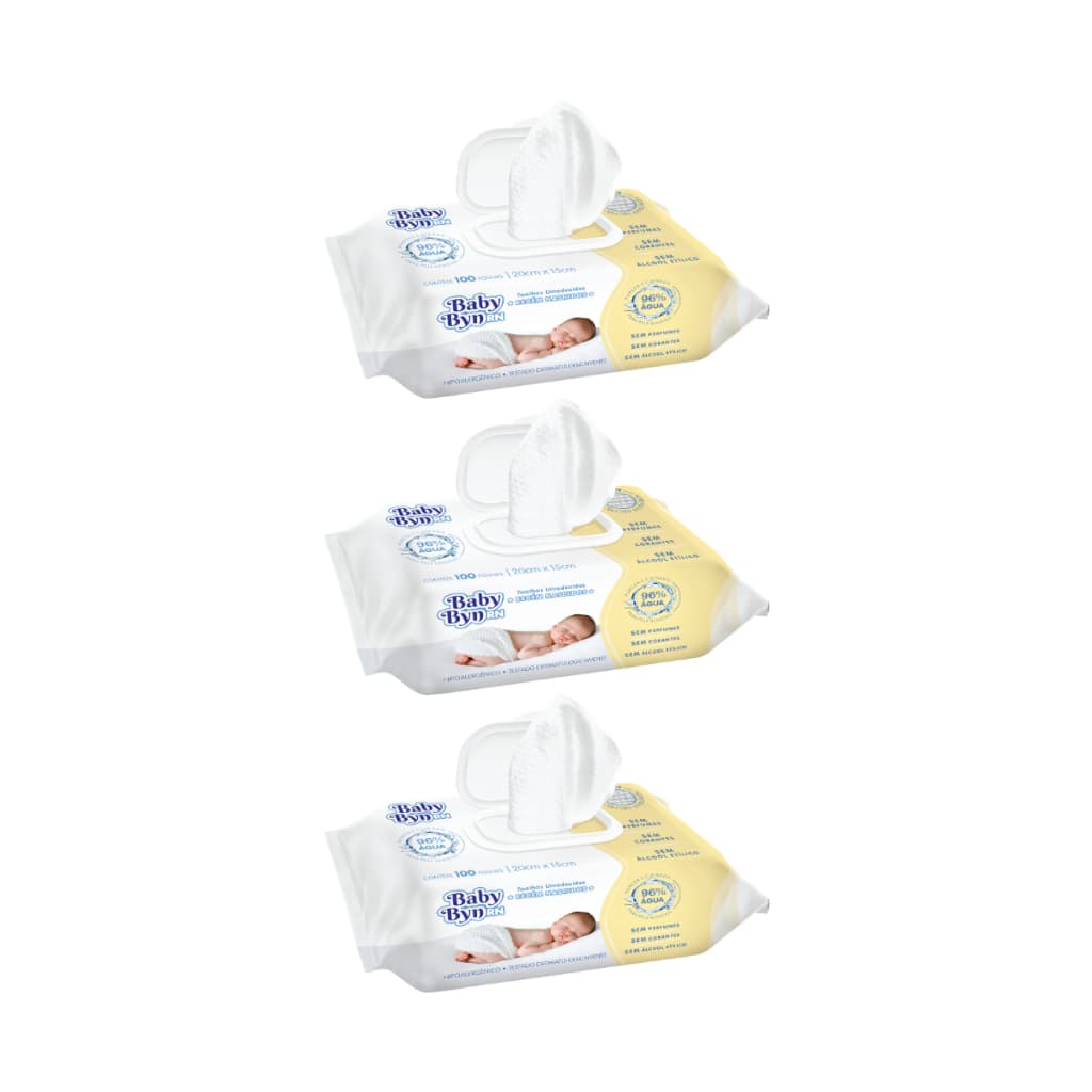 KIT TOALHA UMEDECIDA BABY BYN RN 300 FOLHAS (3UNDX100FLS) SEM PERFUME/RECEM NASCIDO