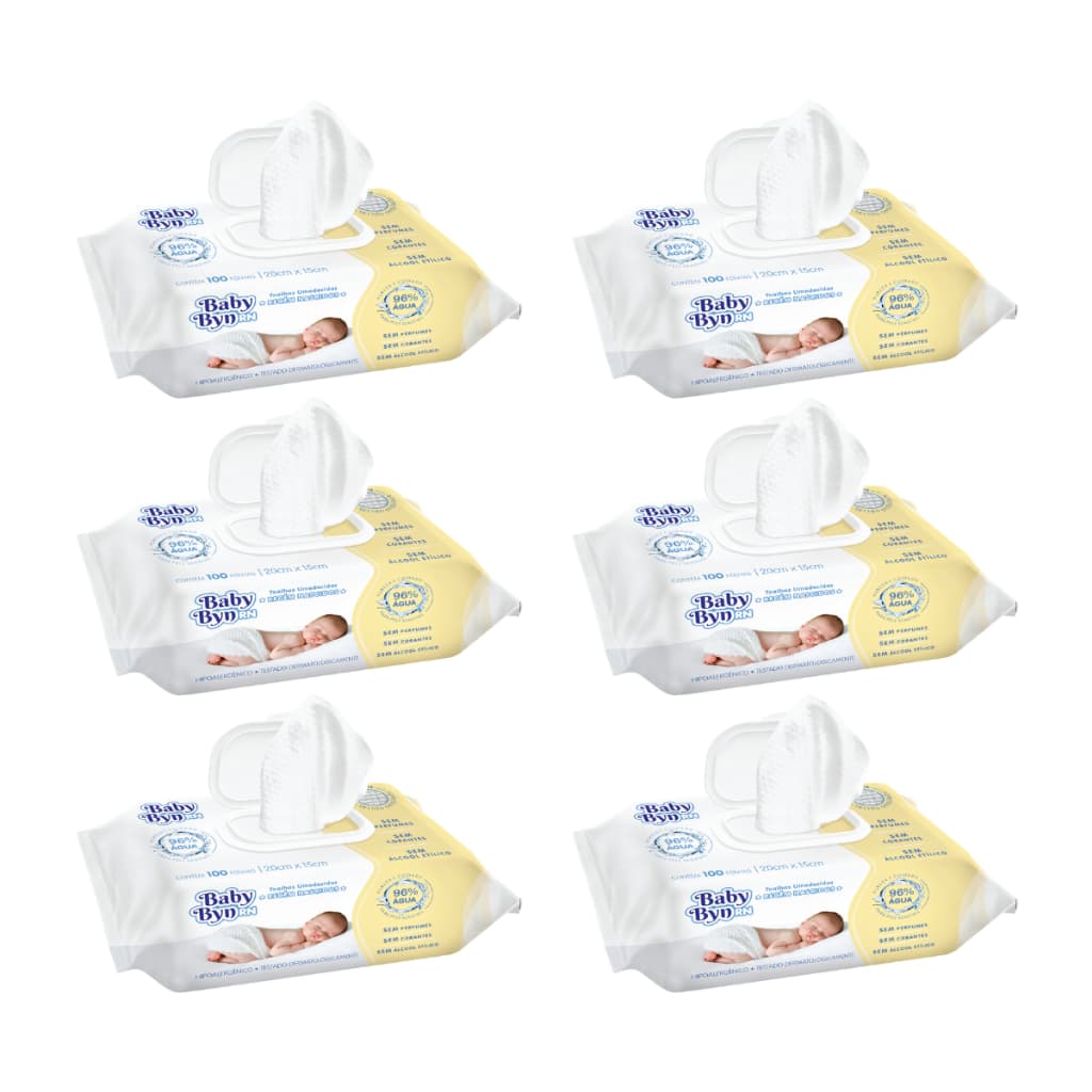 KIT TOALHA UMEDECIDA BABY BYN RN 600 FOLHAS (6UNDX100FLS) SEM PERFUME/RECEM NASCIDO