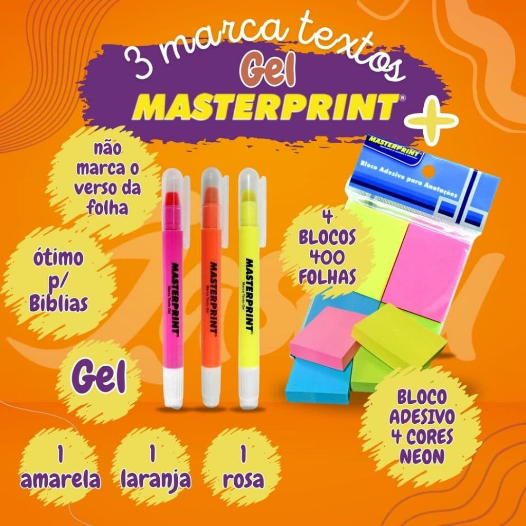 Kit 3 Canetas Marca Texto Gel Neon Não Mancha Ideal Para Bíblia e Vade Mecum Masterprint