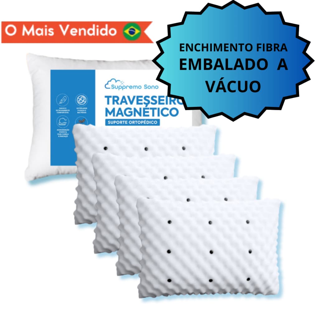 KIT 4 Travesseiro MAGNÉTICO ALTO Ortopédico de Fibra Siliconada Premium IMÃS Anti Ronco Terapêutico