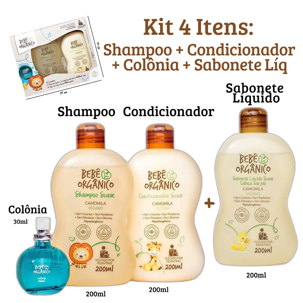 Kit Shampoo + Condicionador + Colônia Sem Álcool + Sabonete Líq Cuidado Natural Bebê Orgânico 630ml