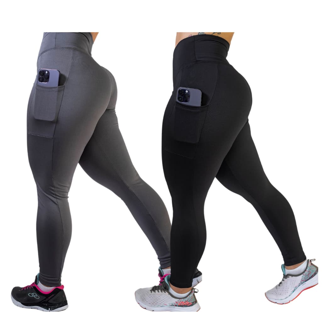 Kit 2 Calças Legging C/ Bolso Cos Alto Fitness Grosso E Reforçada