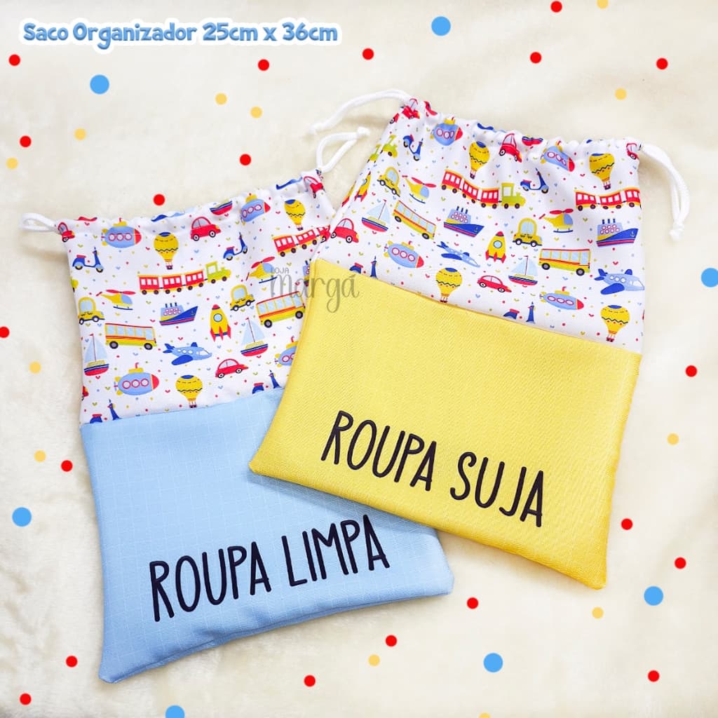 Saco Organizador 36cm x 25cm Roupa Suja e Limpa CARRINHOS Viagem, Bolsa, Mochila, Creche, Escola