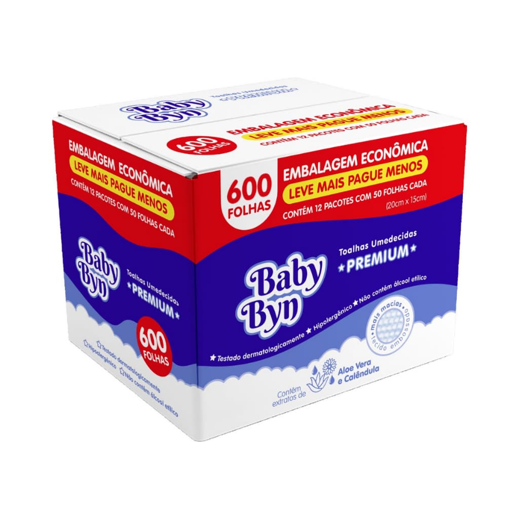 KIT TOALHA UMEDECIDA BABY BYN PREMIUM PACK 600 FOLHAS (12UNDX50FLS)/ALOE VERA E CALÊNDULA/SEM ÁLCOOL