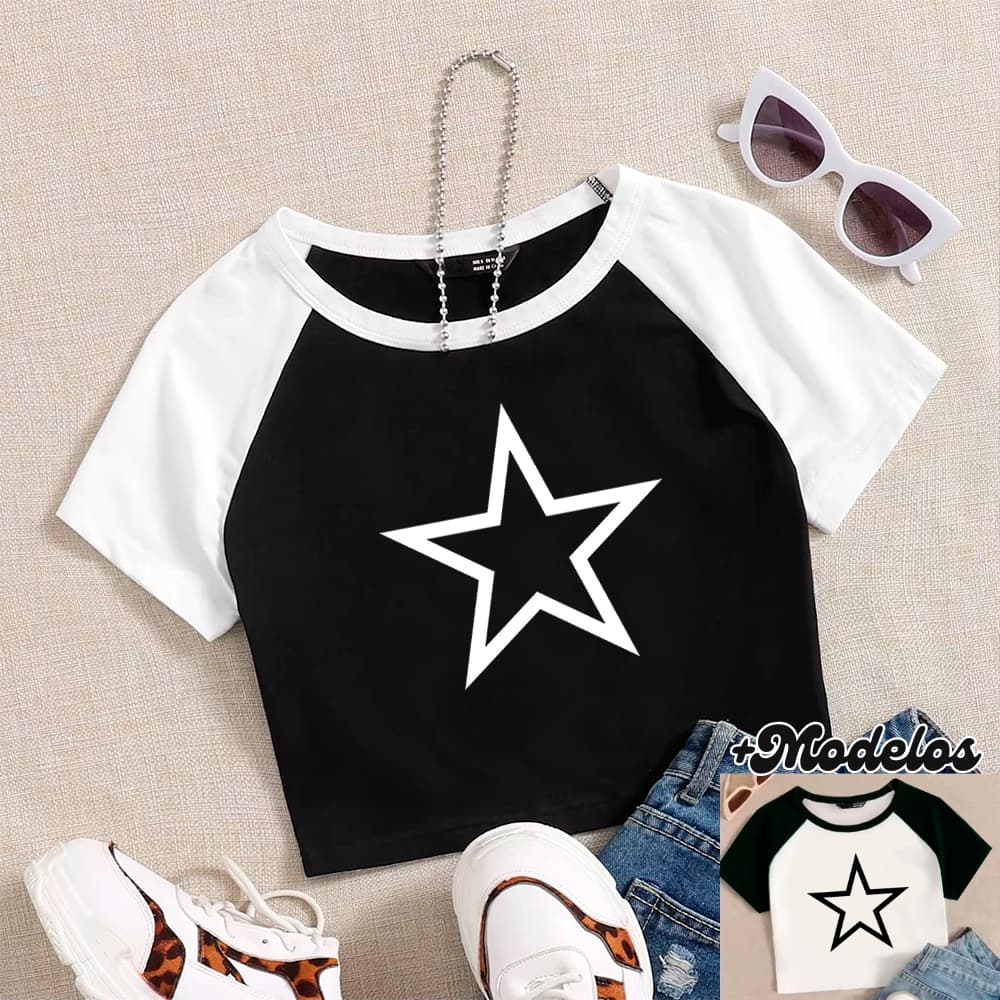 Cropped RAGLAN, Modelo ESTRELA - Moda Alternativa Y2K Blogueira Grunge Punk Streetwear