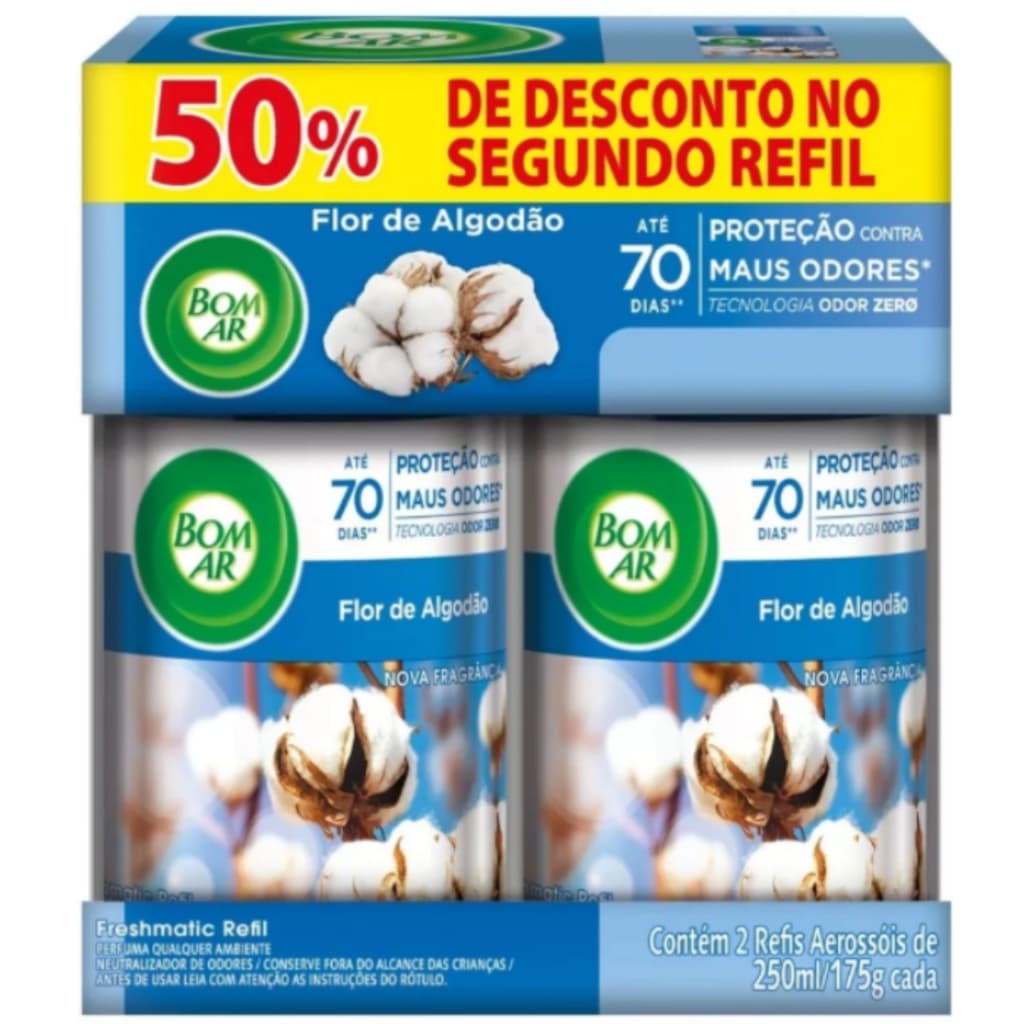 Kit Refil Bom Ar Flor de algodão de 250ml - Aromatizador, Freshmatic, Perfume, Cheirinho de casa