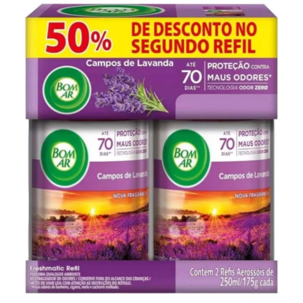 Kit Refil Bom Ar Lavanda de 250ml - Aromatizador, Freshmatic, Perfume, Cheirinho de casa
