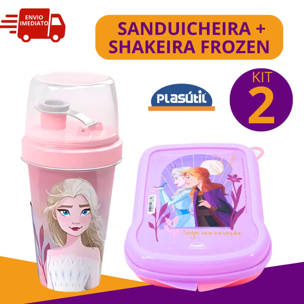 Kit Sanduicheira e Shakeira 320ml com Tampa Protetora Frozen Elsa e Anna Lancheira Infantil Plasútil