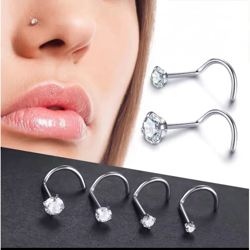 Piercing Nostril de Nariz Zircônia cristal prata  em aço cirúrgico - 1 unidade