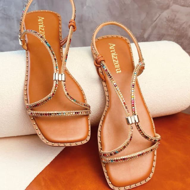 Sandália Rasteirinha Feminina Tira de Strass Regulavel Colorida Confortável Lancamento Amizzara