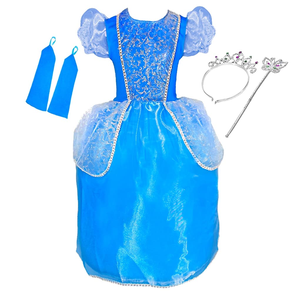 Fantasia Vestido Infantil Cinderela Com Coroa Luvas E Varinha