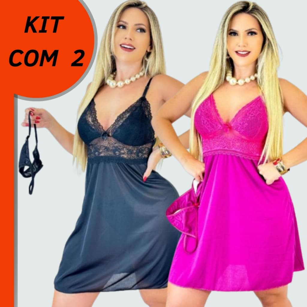 Kit 2 Camisola Feminina Sem Bojo Com Calcinha Fio Lingerie Roupa para Dormir Pijama Feminino