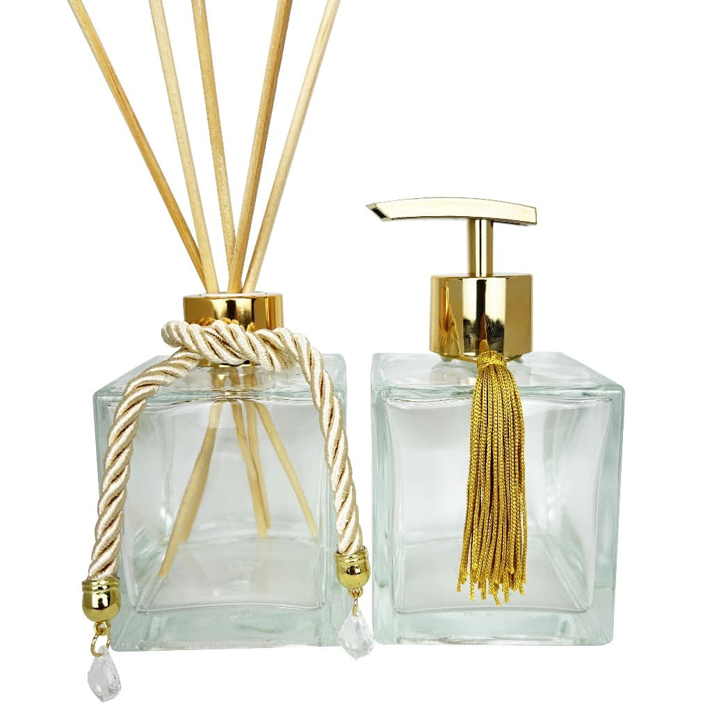 Kit Lavabo Luxo Vidro Cubo 250ml Aromatizador e Saboneteira Prime