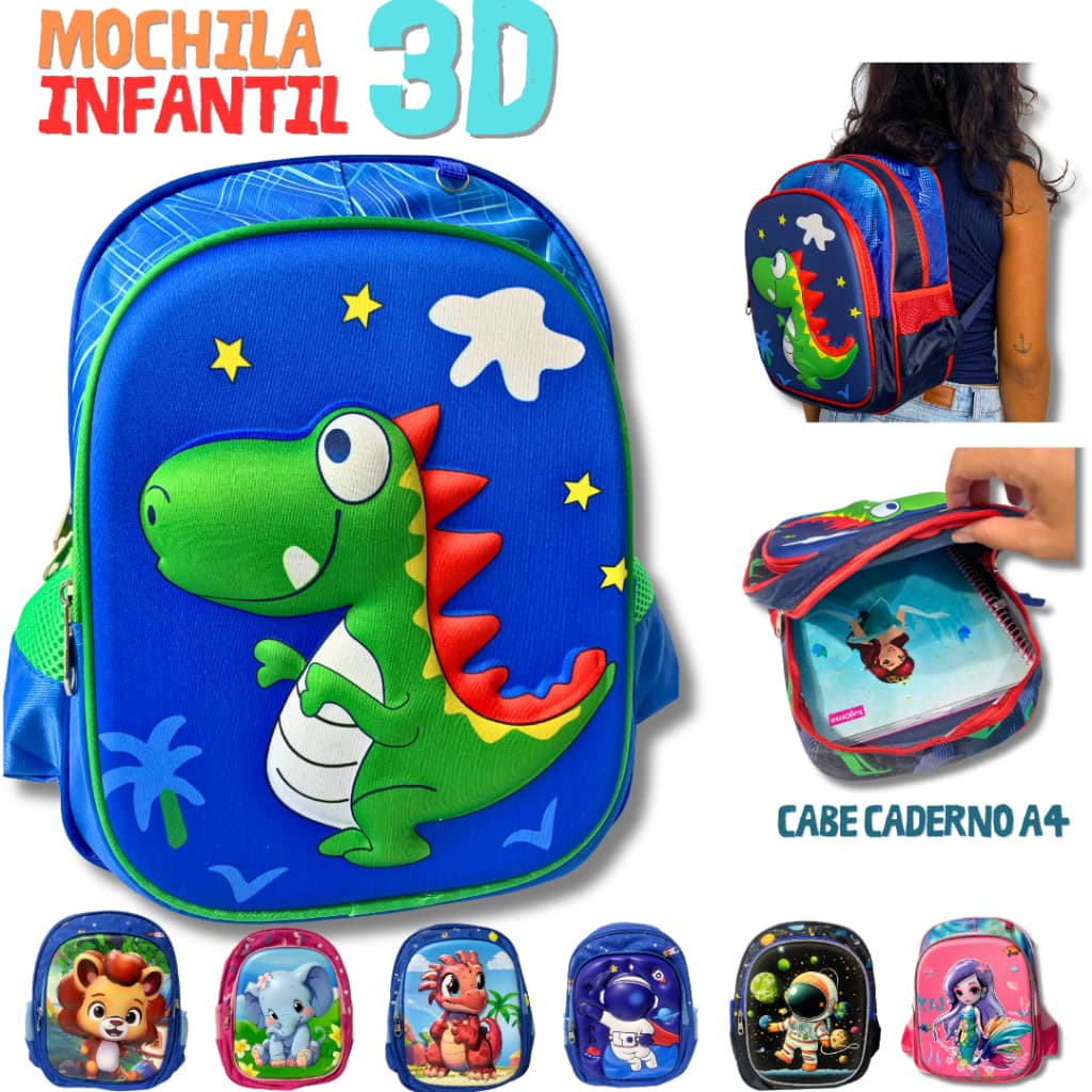 Mochila Infantil 3D Dinossauro Astronauta Escola Creche Colegio Passeio Unissex Alça Ajustável Dino