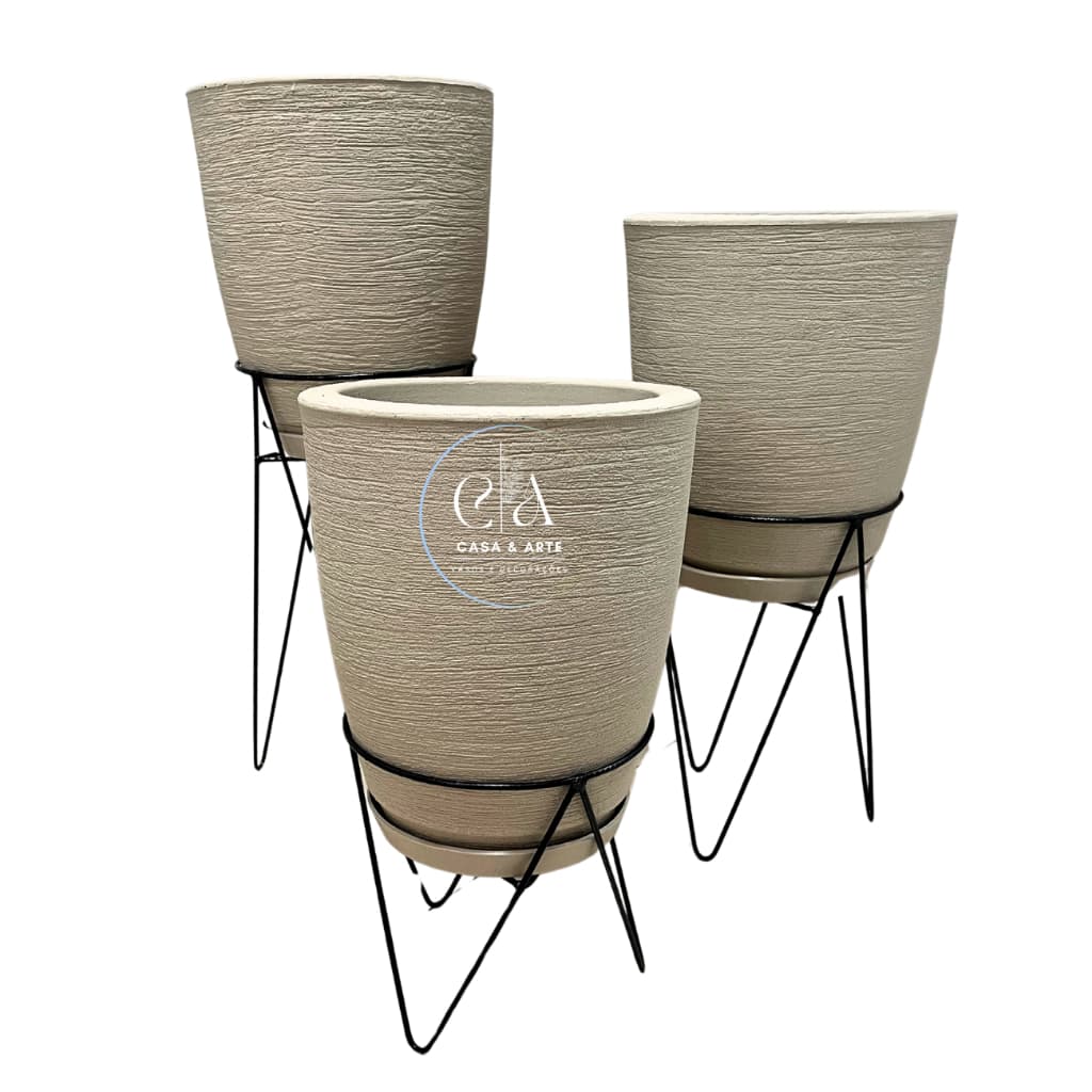 Kit 3 Vasos Escovados Coluna Bojo N1 Decorativos Planta Flor Jardim Sala + Suporte Tripé de Ferro