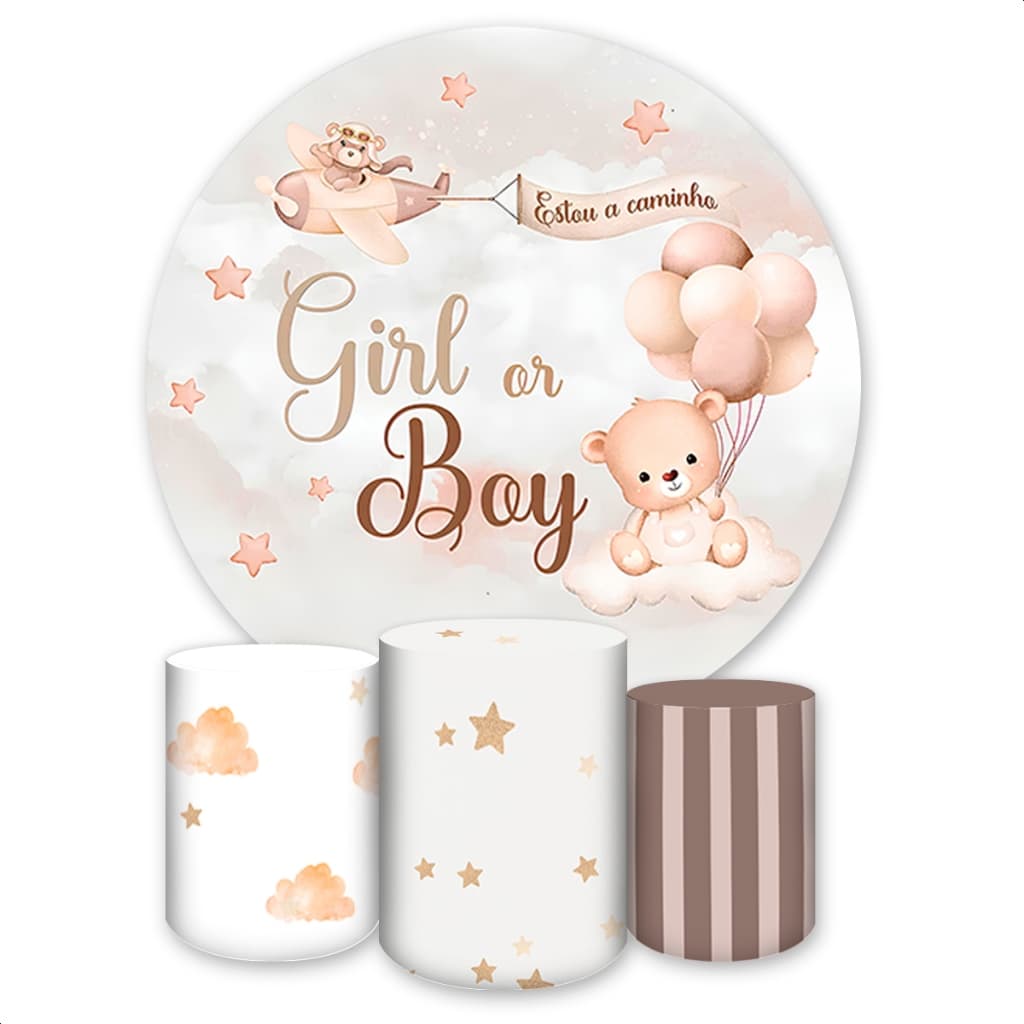 Kit Capa Painel Redondo + Capas Cilindros Sublimados Festas Tema Chá Revelação e Bebê