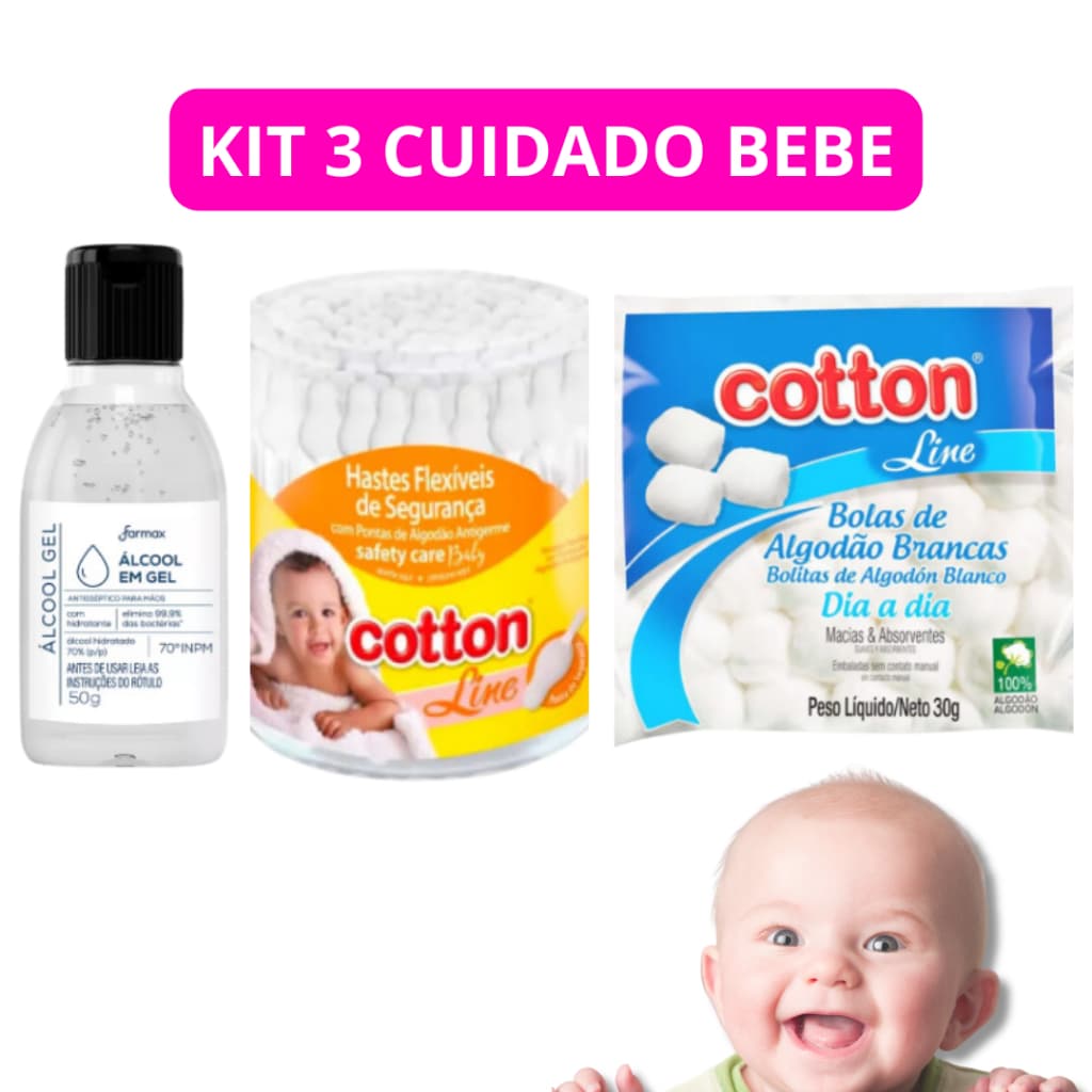 Kit 3 Higiene Cuidado Bebê Recém Nascido Essencial 3 Peças Cotonete Baby Algodão