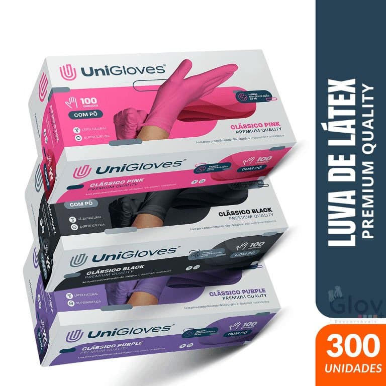 KIT 3 CAIXAS Luva Látex Descartável Com Pó UniGloves 300 Unidades