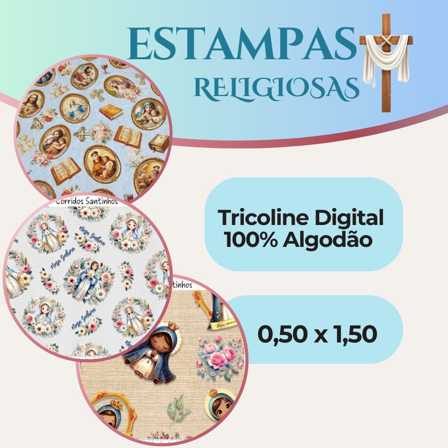 Tricoline Digital - 100% ALGODÃO-  ESTAMPAS RELIGIOSAS-  0,50  X 1,50