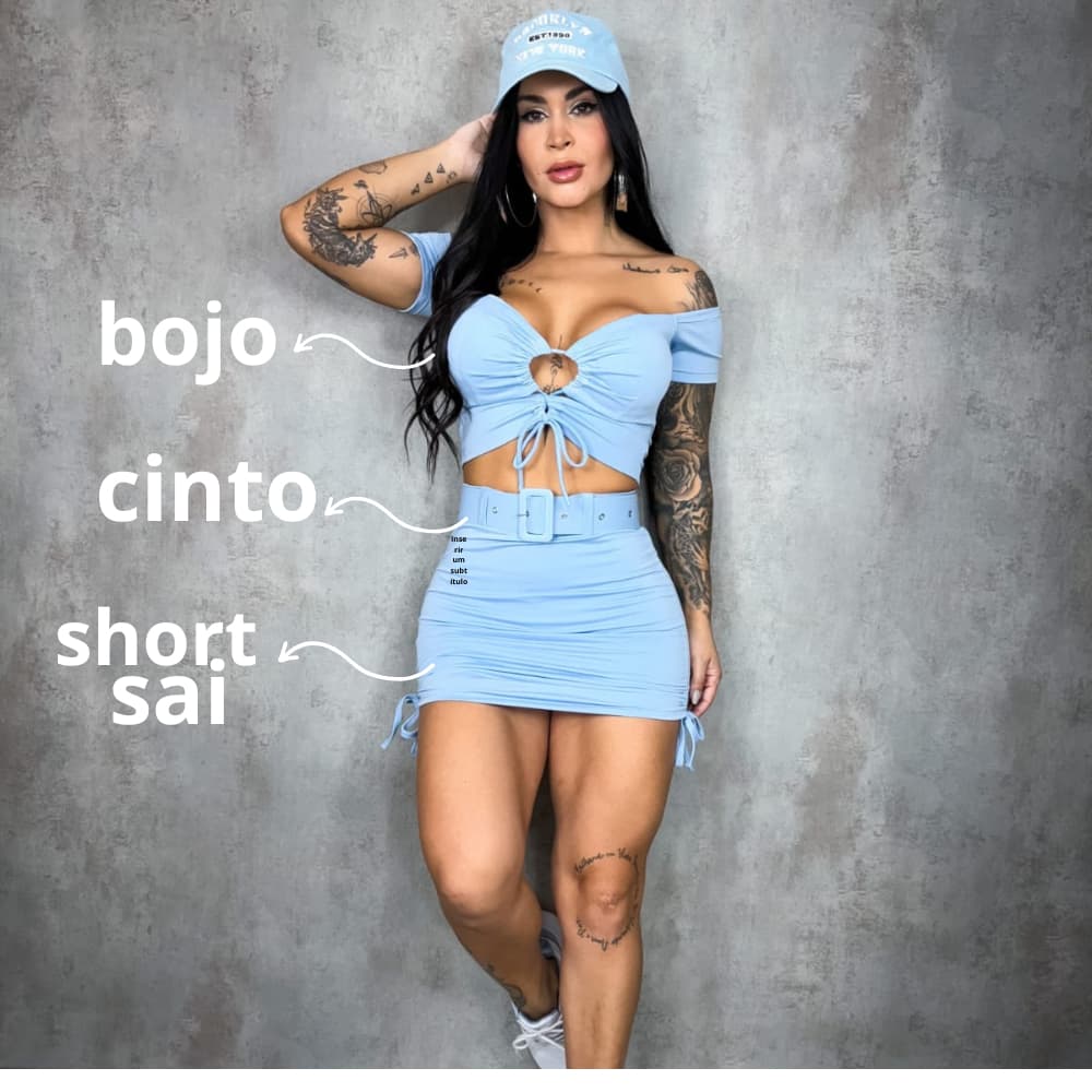 Conjunto  Feminino Short ,Saia ,Blusa ombro a ombro Ciganinha Com Bojo ,Cinto M e G