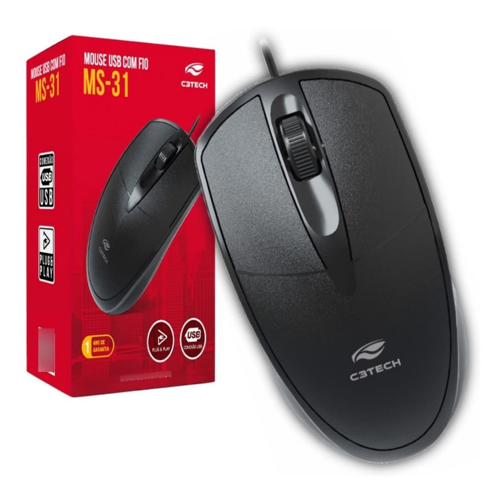 Mouse USB com Fio C3Tech MS-31BK, 3 Botões, Preto – Para PC e Notebook