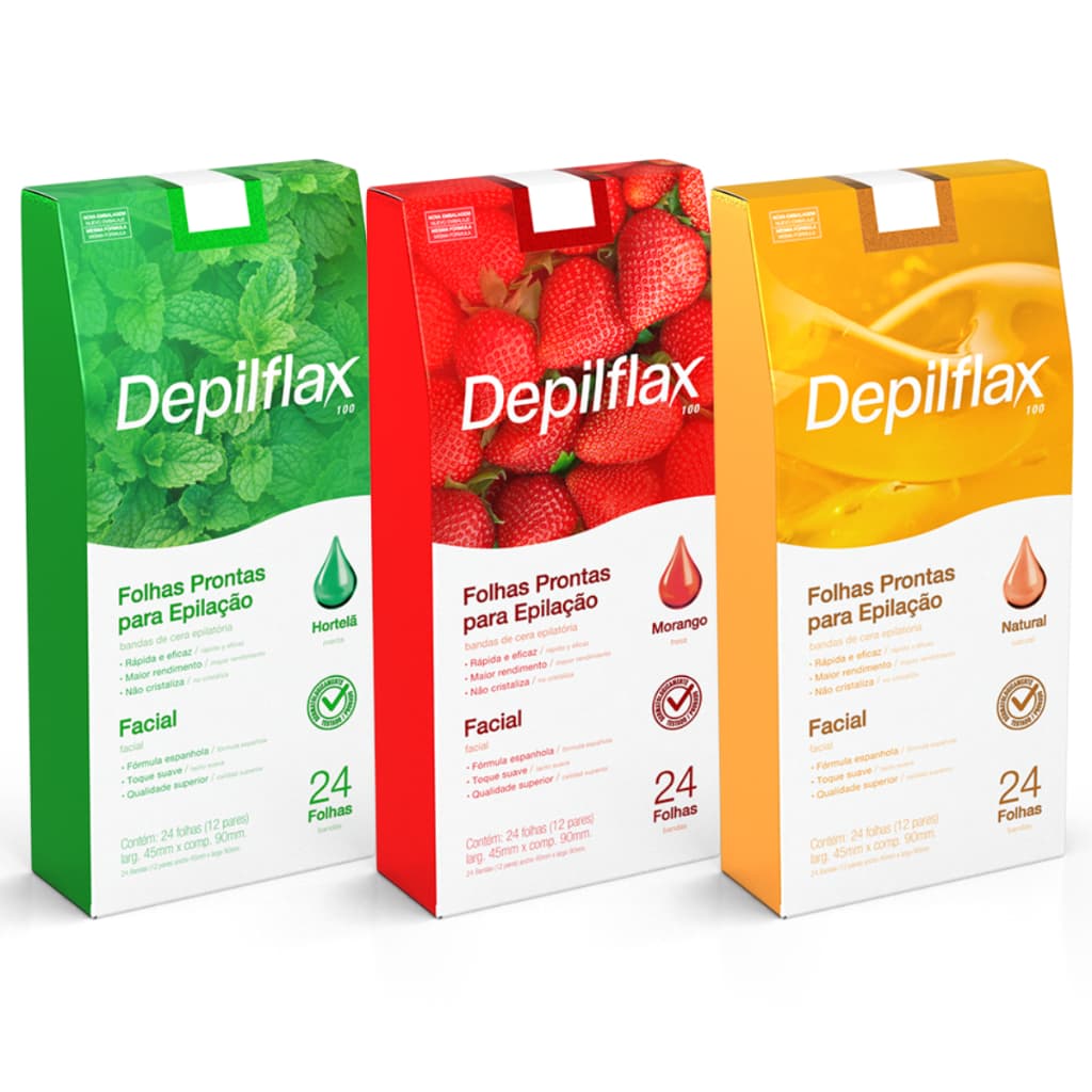 24 Folhas Prontas Depilação Facial Morango Natural Hortelã Fórmula Espanhola Depilflax